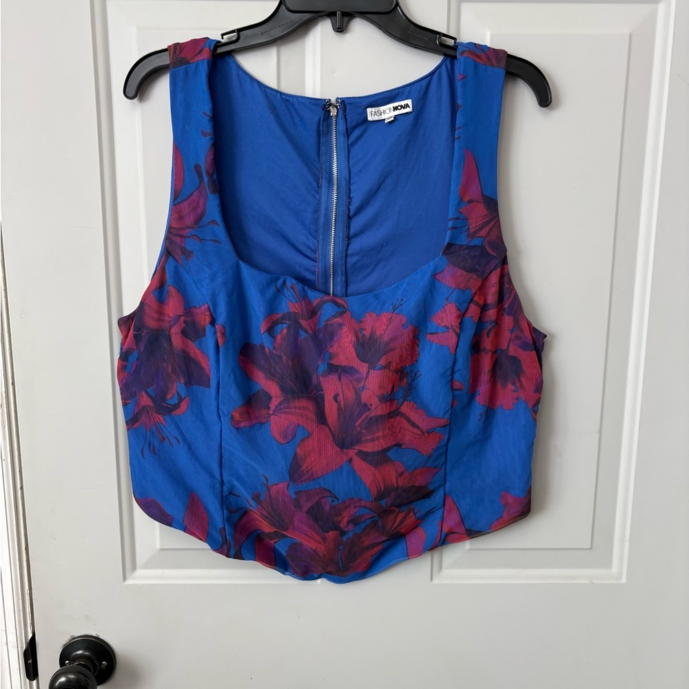 Fashion Nova Blue Crop Tank Top with Pink Floral Print